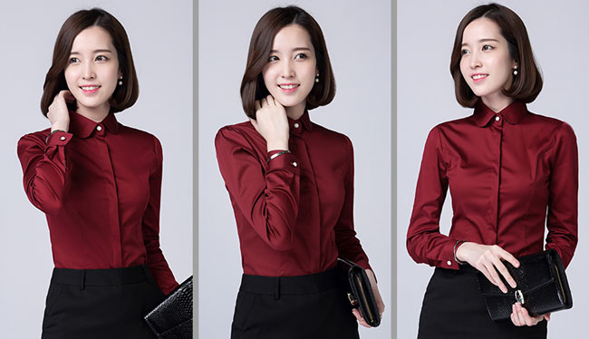 娃娃領(lǐng)長袖女襯衫訂做紅色款式圖二