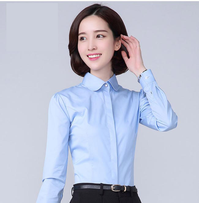 娃娃領(lǐng)長袖女襯衫訂做淺藍(lán)色款式圖