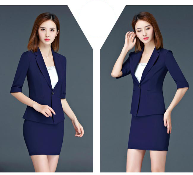 深藍(lán)色商場(chǎng)營(yíng)業(yè)員工作服款式模特展示圖二