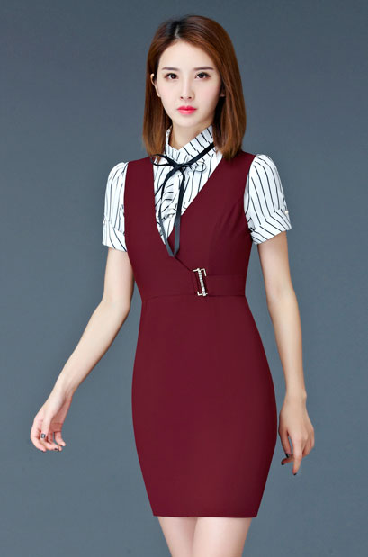 棗紅色商場專柜營業員工作服款式