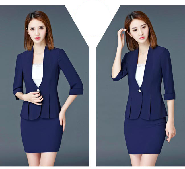 藍色營業員工作服套裙款式模特展示圖二