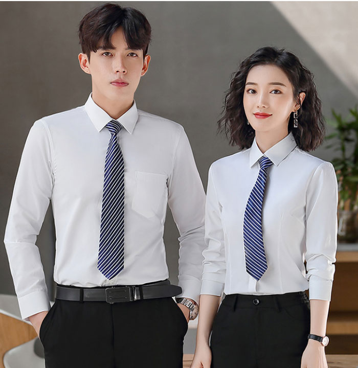 經典時尚白色款男女款職業襯衫定制批發模特效果展示圖